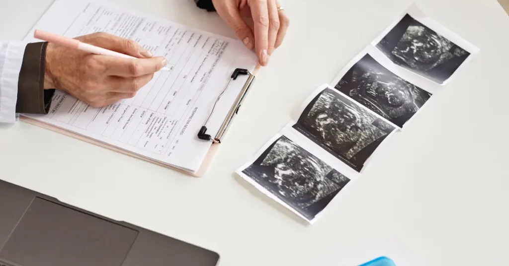 Fertility clinic services shown by a doctor reviewing ultrasound scans and medical records at a desk.