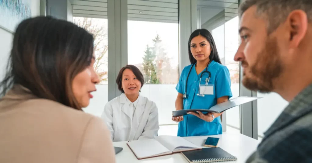 Fertility consultation with a couple speaking to two medical professionals while reviewing records in a clinic office.